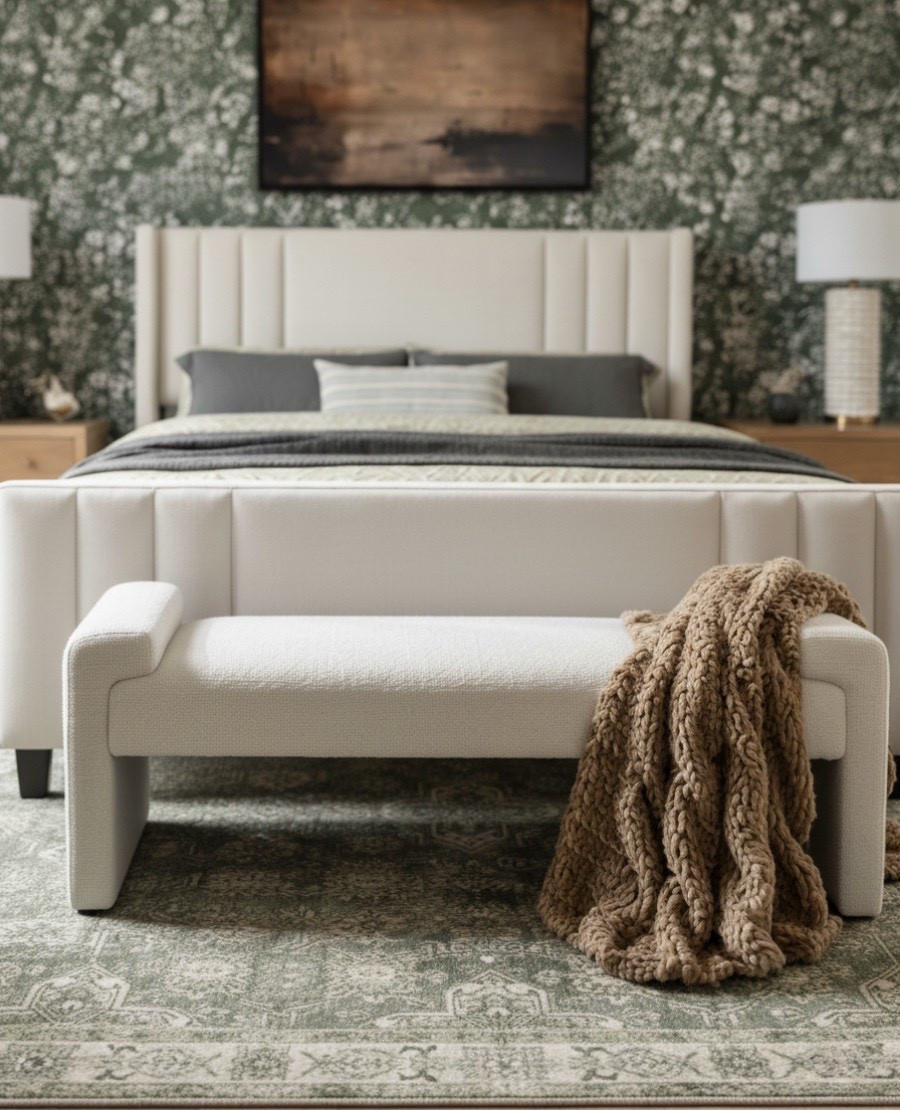 A closer look at this bedroom bench area shows how texture and tone can transform a space into something warm and elevated. The ivory upholstered bench adds structure and softness at the foot of the bed, while the chunky knit throw brings a cozy, tactile element that balances the sleek lines of the furniture.

In the background, a channel-tufted headboard anchors the room with clean symmetry, complemented by natural wood nightstands and sculptural lamps that add subtle contrast. The green floral wallpaper ties everything together—creating depth and an organic backdrop for the neutral textiles.

Shop the look:

Cream upholstered bench – perfect for layering texture and dimension

Chunky knit throw – cozy and timeless

Channel-tufted bed – classic shape with modern detail

Natural wood nightstands – add warmth to the overall palette

Ribbed ceramic table lamps – soft ambient lighting for balance

Green patterned wallpaper – creates contrast and a serene, nature-inspired mood

Vintage-style area rug – blends traditional design with a modern palette

Recreate this modern transitional bedroom with neutral furniture, earthy textures, and statement wallpaper for a layered, high-end look. 

#LTKHome #LTKSaleAlert