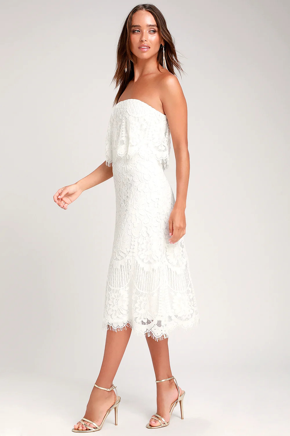 Delia White Lace Strapless Midi Dress | Lulus (US)