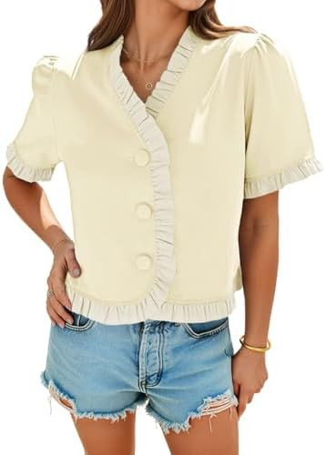 Tankaneo Womens Cropped Short Puff Sleeve Blouse Summer Ruffle V Neck Button Down Shirts Dressy C... | Amazon (US)