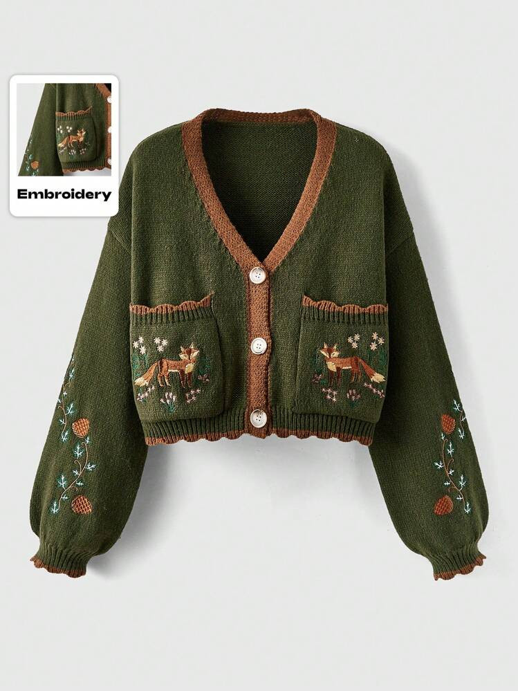 ROMWE Fairycore Flower Embroidery Patchwork Border Cardigan, School,Long Sleeve Tops | SHEIN