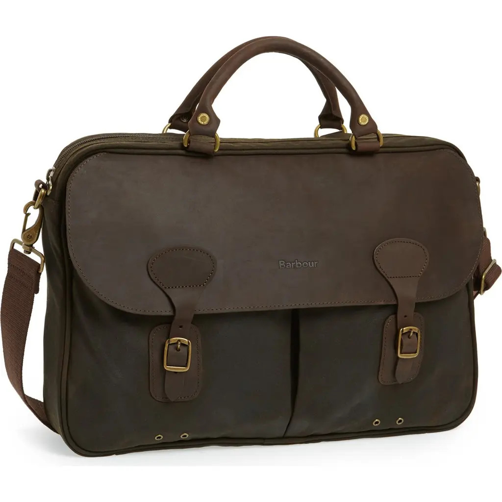 Barbour Waxed Leather Briefcase in Olive/Brown at Nordstrom | Nordstrom