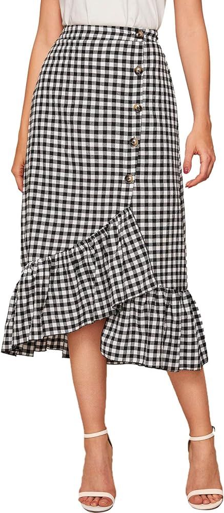 Milumia Women Casual High Waist Asymmetrical Button Ruffle Hem Gingham Plaid Midi Skirt | Amazon (US)