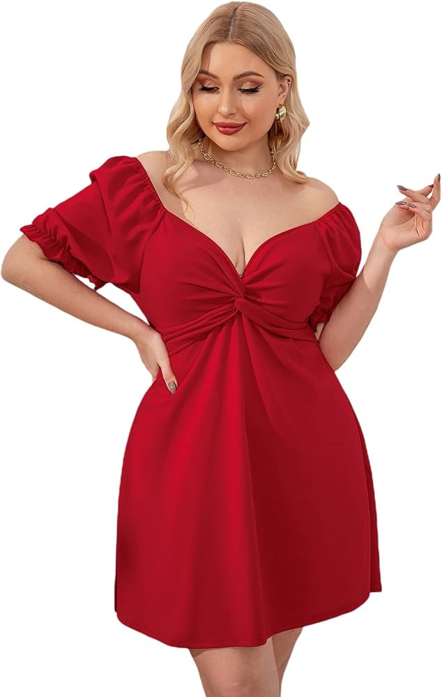 SOLY HUX Women's Plus Size Sweetheart Neck Twist Front Puff Short Sleeve A Line Dress | Amazon (US)