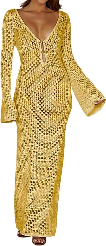 Leoparts Crochet Swimsuit Cover Up for Women Sexy V Neck Hollow Out Backless Maxi Dress Beach Bik... | Amazon (US)