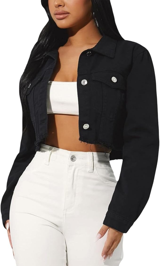 Women's Button Down Jacket Long Sleeve Cropped Top Denim Jeans Coat | Amazon (US)