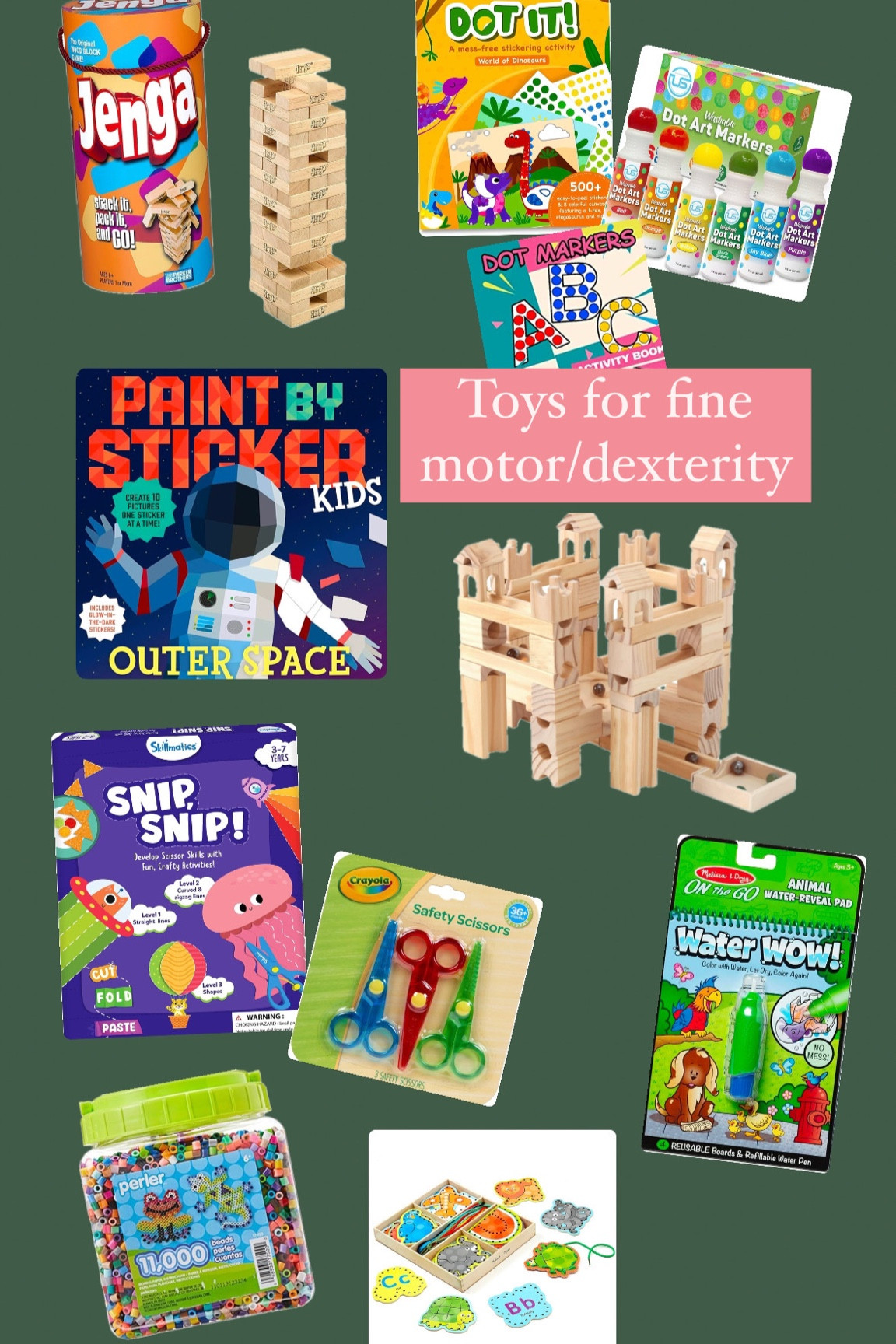 All of these toys are so great for working on fine motor and dexterity with your kiddos!

Dot markers, paint by sticker, Jenga, snip scissor cutting practice, perler beads, Melissa and Doug, water wow, wooden marble run

#LTKKids #LTKGiftGuide