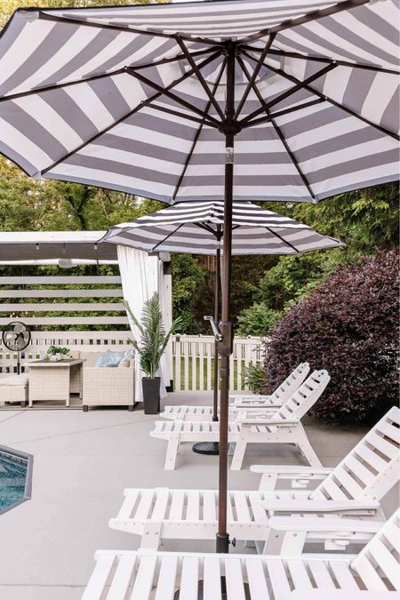 These Amazon polypropylene outdoor chaise lounge chairs are the perfect less expensive alternative to polywood! 

These striped patio umbrellas add so much shade under the loungers! 

Chaise lounge for outdoor, patio lounge chairs for outside, patio umbrella


#LTKswim #LTKSeasonal #LTKhome