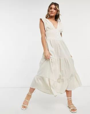 ASOS DESIGN shirred waist button front tiered midi sundress in crinkle in oatmeal | ASOS (Global)