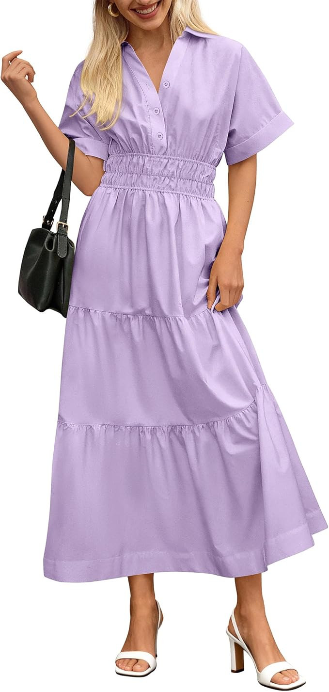 BTFBM Wedding Guest Dresses for Women Beach Fashion Casual Short Sleeve V Neck Solid Spring Summe... | Amazon (US)