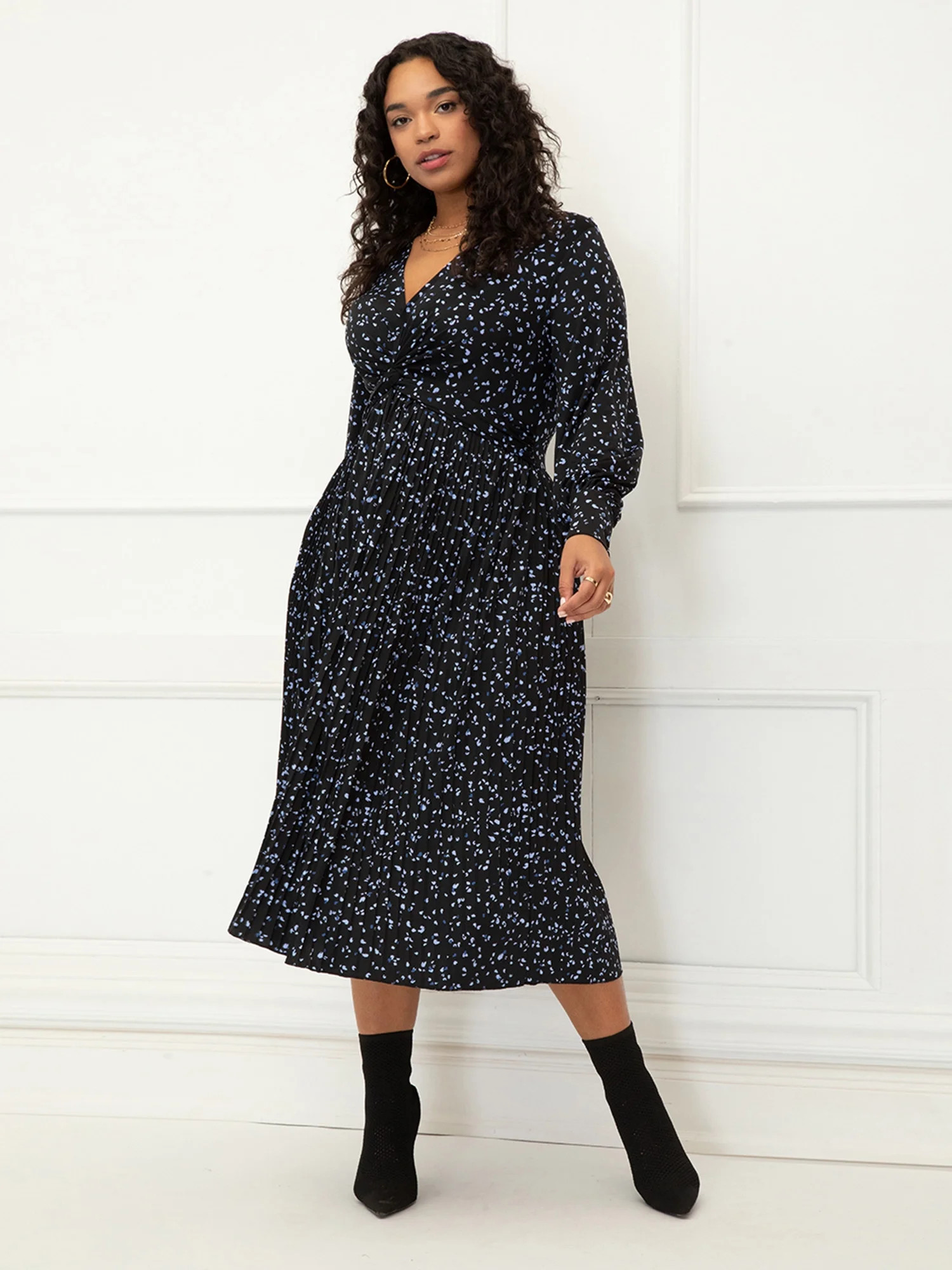 ELOQUII Elements Women's Plus Size Knot Front Pleated Skirt Dress | Walmart (US)