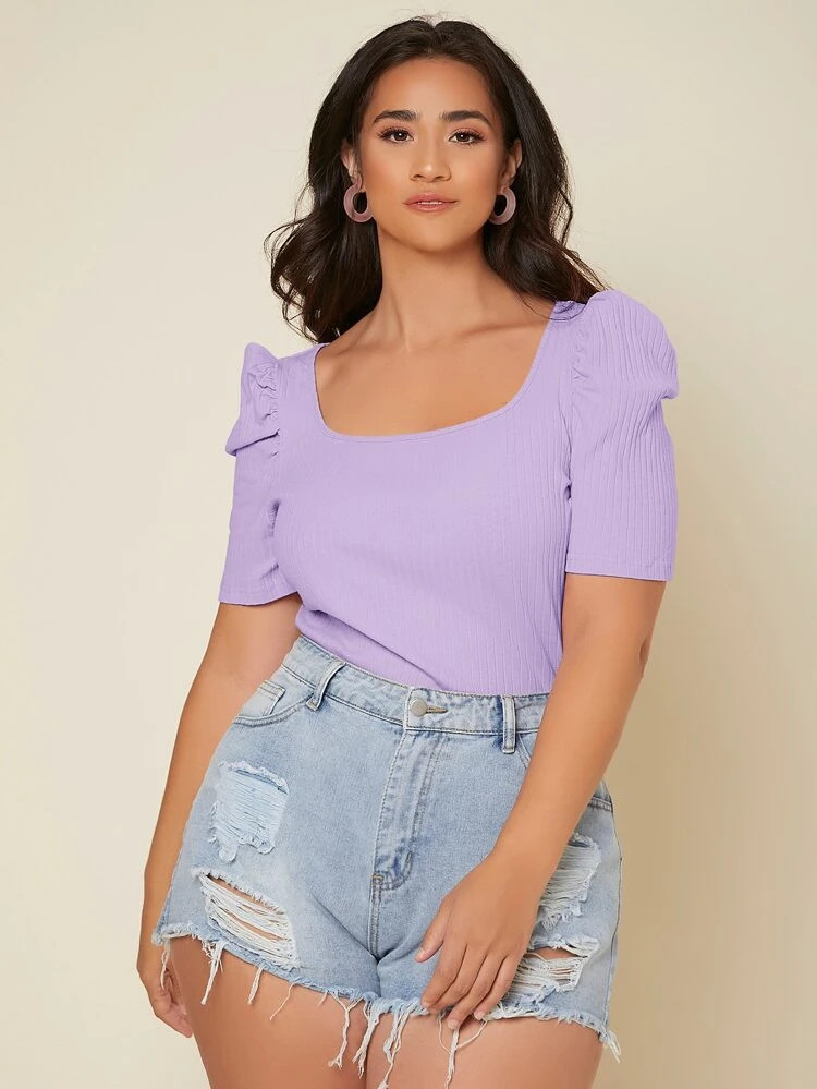 SHEIN Plus Ribbed Knit Scoop Neck Puff Sleeve Tee | SHEIN