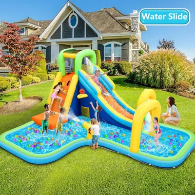 Adam 13.9Ft X 11.1Ft Inflatable Water Slide Park With Air Blower For Kids 3-10 | 5-In-1 Bounce House Backyard Fun, Pool & Safety Mesh | Wayfair North America