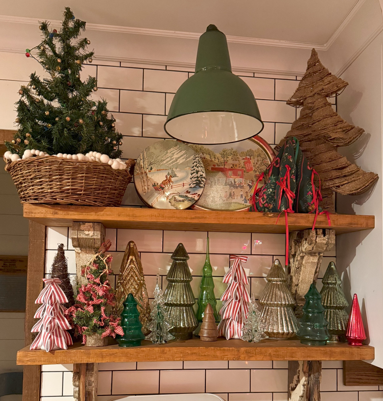 Kitchen open shelving decorated for a nostalgic, Christmas with all shapes, sizes, colors, and textures of Christmas trees  

#LTKHoliday #LTKHome #LTKSeasonal