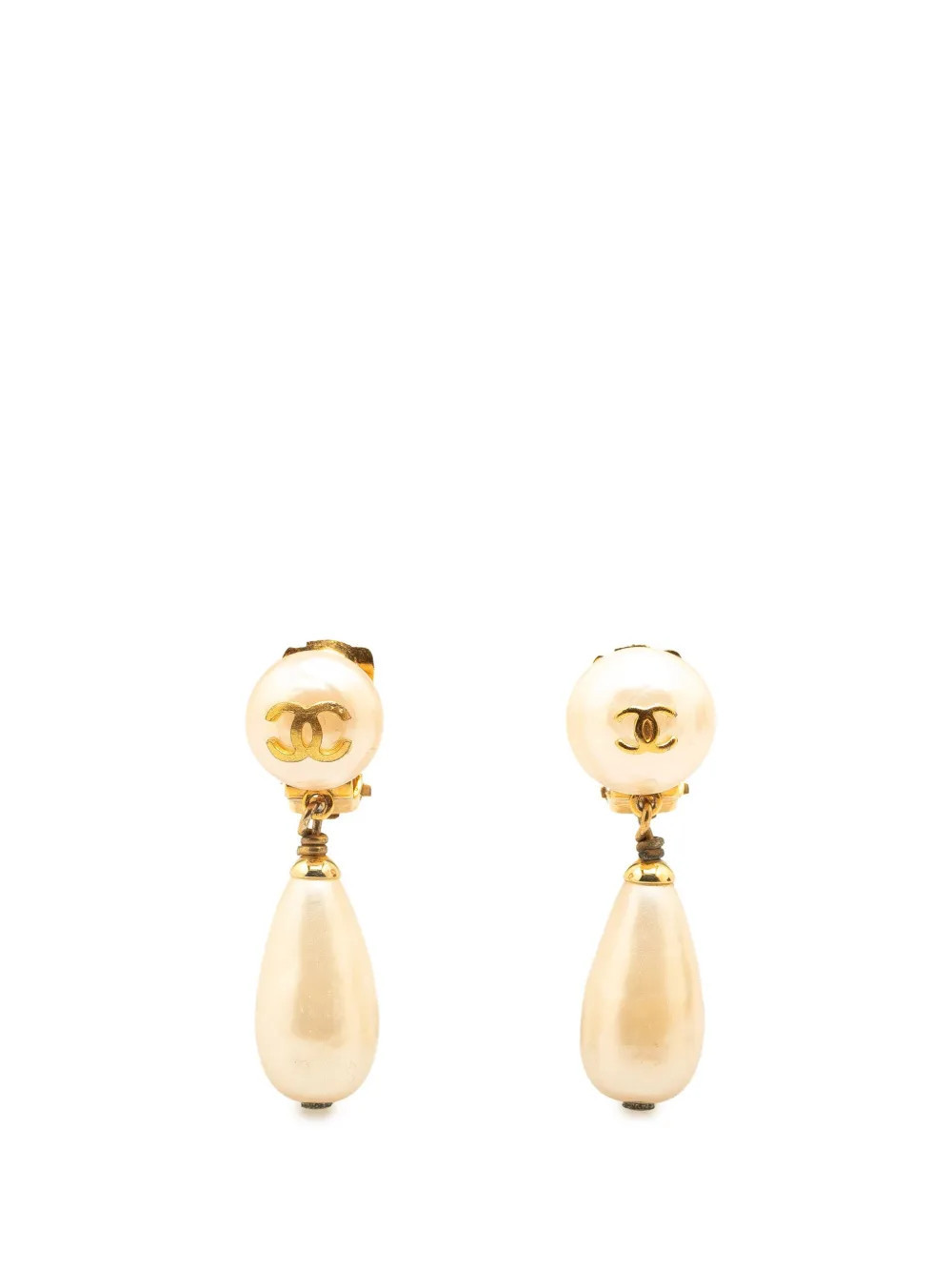 CHANEL Pre-Owned 1993 Gold Plated Faux Pearl CC Swing Clip On Earrings costume earrings - White | Farfetch Global