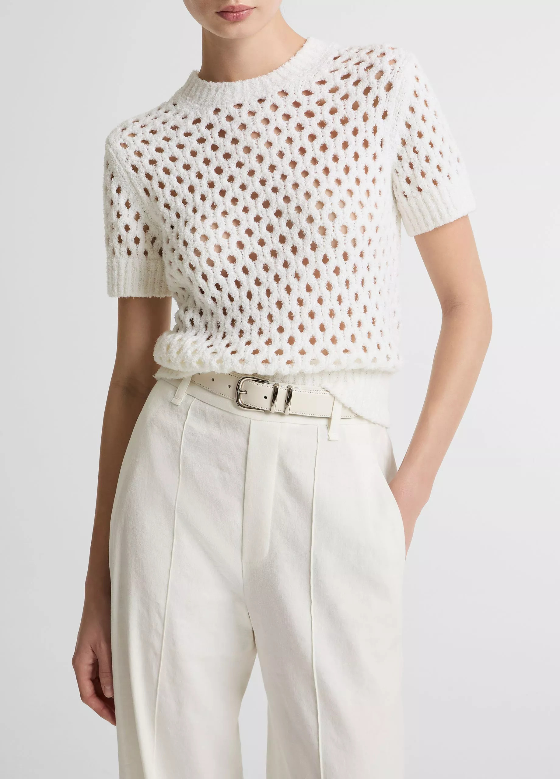Honeycomb Italian Cotton & Linen-Blend Short-Sleeve Sweater | Vince LLC