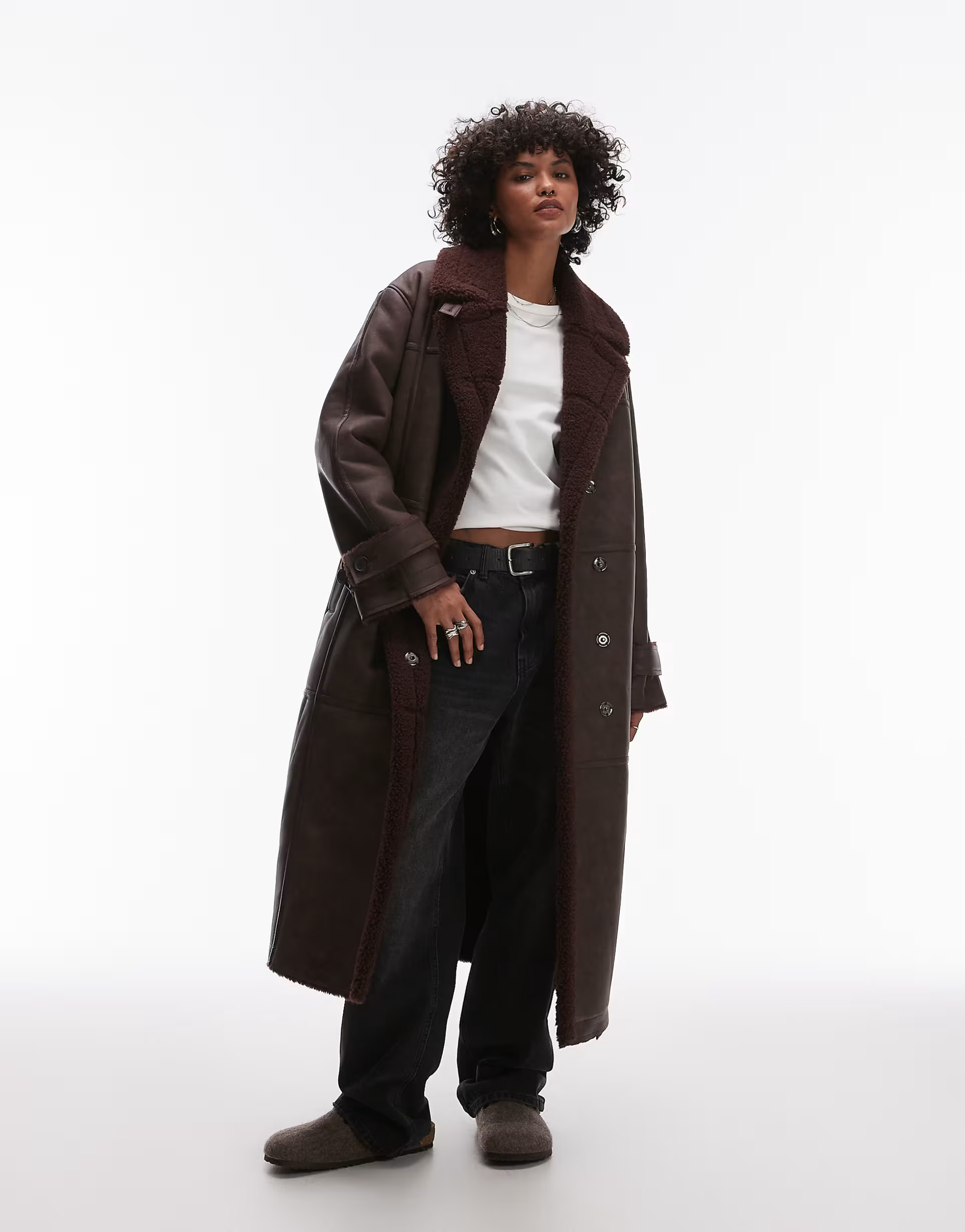 Topshop faux leather shearling long aviator jacket in burgundy | ASOS (Global)