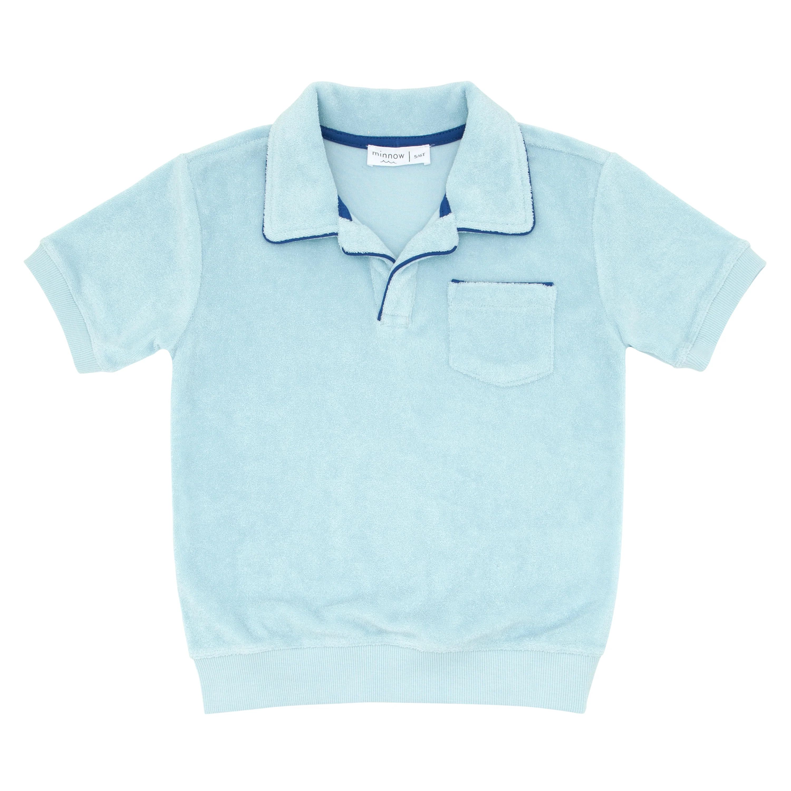 unisex pacific blue french terry polo with ribbed hem | minnow swim | minnow