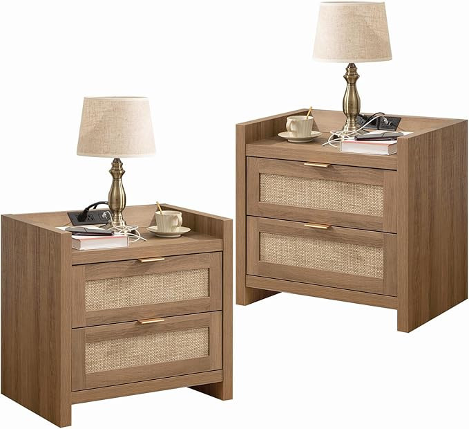 SICOTAS Night Stand Set of 2 - Rattan Nightstands with Type-C Charging Station, 2 Rattan Drawers ... | Amazon (US)