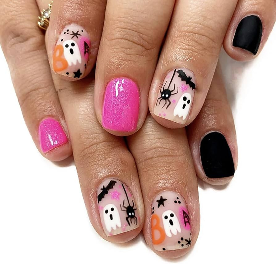 Square Fake Nails Short Press on Nails Halloween False Nails with Bat Spider Web Ghost Design Hal... | Amazon (US)
