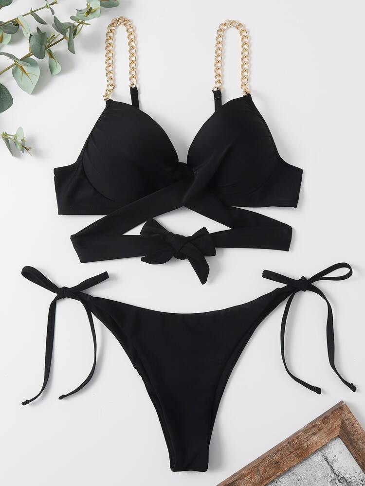 Chain Strap Tie Side Underwire Bikini Swimsuit | SHEIN