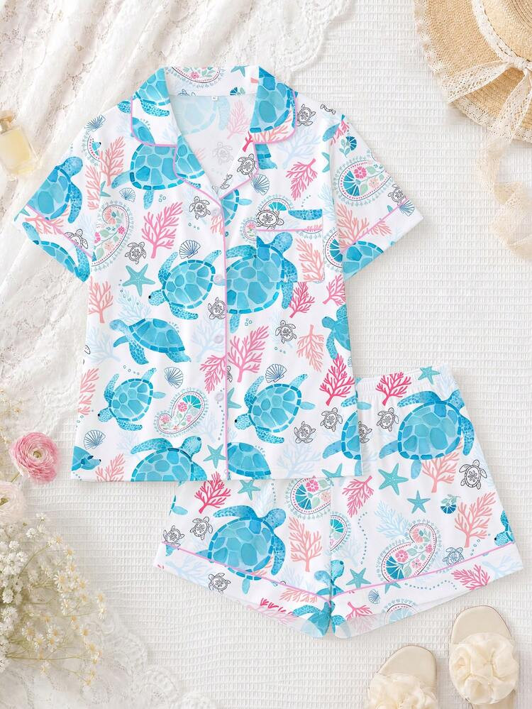 2pcs/Set Women's Pajama Set, Ocean Turtle Print, Women's Loungewear, Spring/Summer Holiday Outfit... | SHEIN