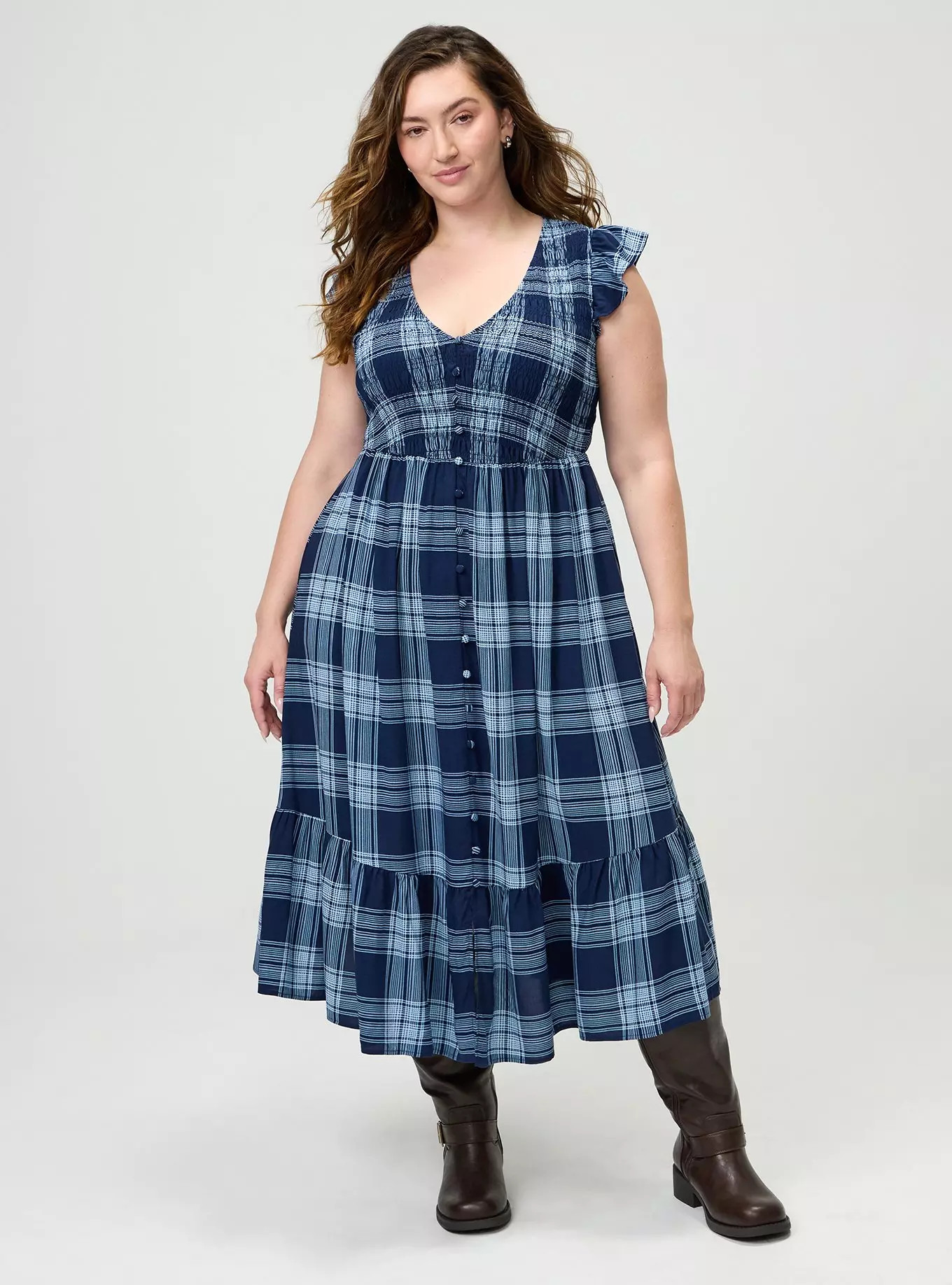 Midi Ruffle-Sleeve Tiered Dress | Torrid (US & Canada)