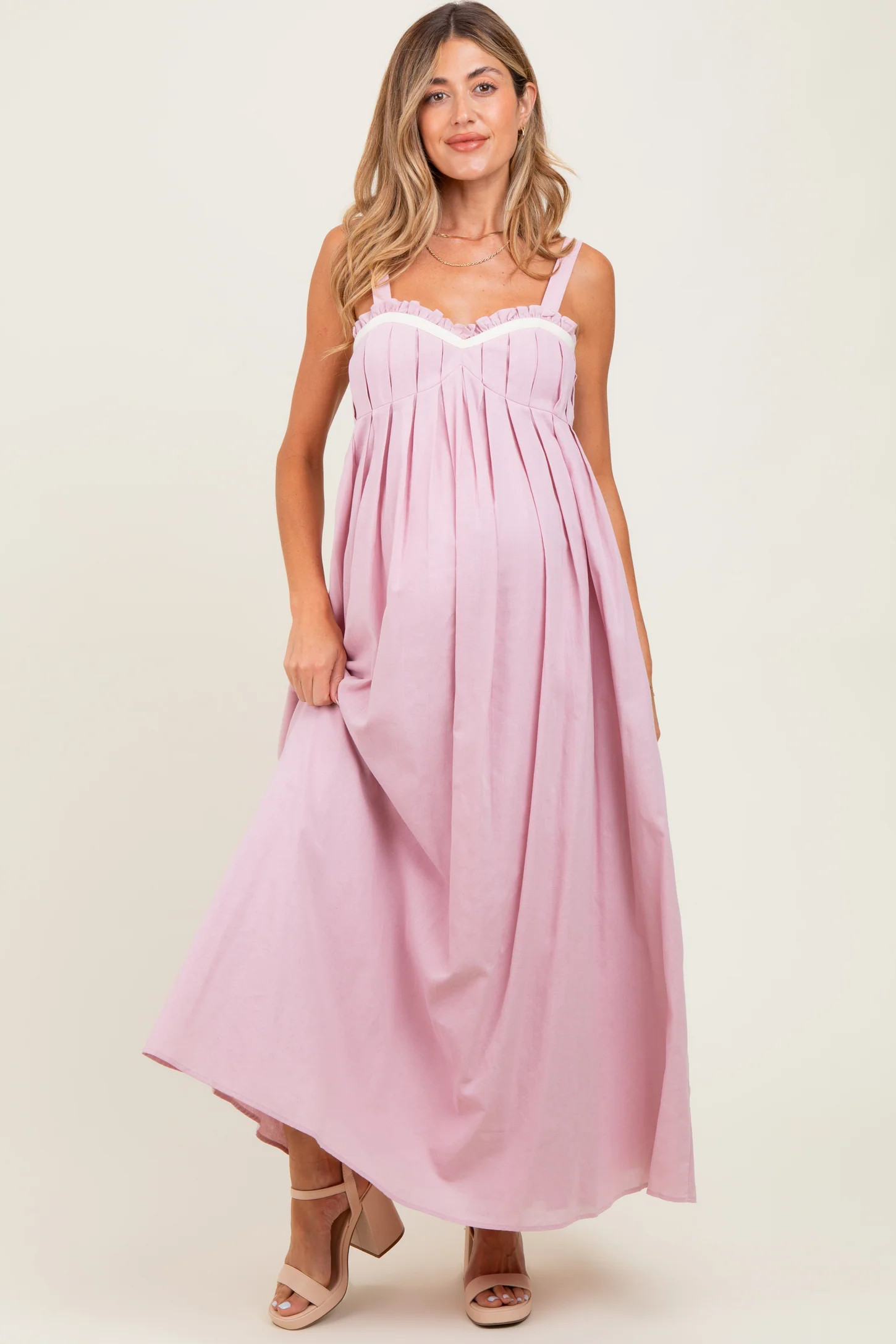 Light Pink Sweetheart Neckline Open Back Maternity Maxi Dress | PinkBlush Maternity