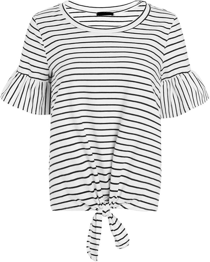 Romwe Women's Short Sleeve Tie Front Knot Casual Loose Fit Tee T-Shirt | Amazon (US)