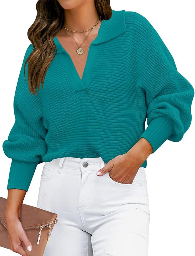 ZESICA Women's Fall Lapel Collar V Neck Long Sleeve Ribbed Knit Comfy Loose Casual Pullover Sweat... | Amazon (US)