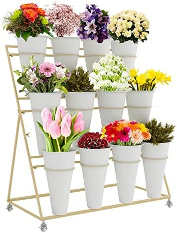 Flower Display Stand, 3 Layers Heavy Duty Moving Plant Cart Shelf With Wheels and Bucket, Wrought... | Amazon (US)