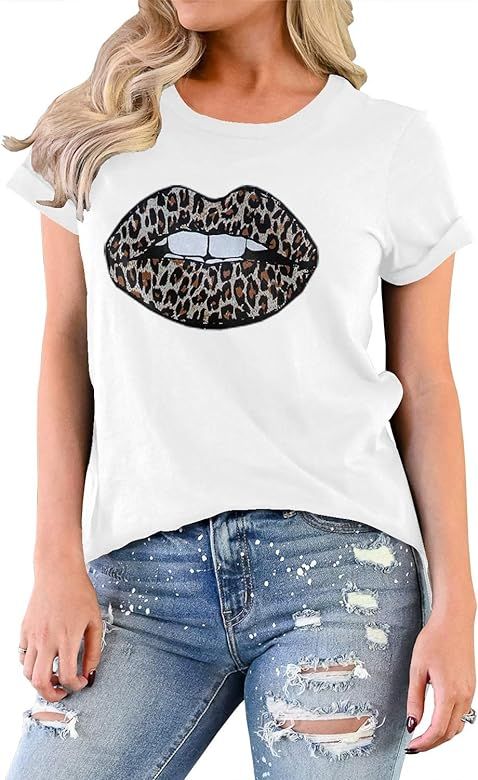 INFITTY Womens Basic Graphic Tees Casual Summer Short Sleeve Shirt Blouse Lip Leopard Print Tops ... | Amazon (US)