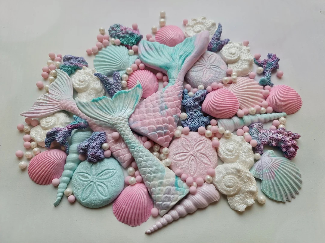 30 Pcs. Sugar Fondant Mermaid Fin, Mermaid Tail, Starfishes, Corals, Clam Shells Cake Topper Deco... | Etsy (US)