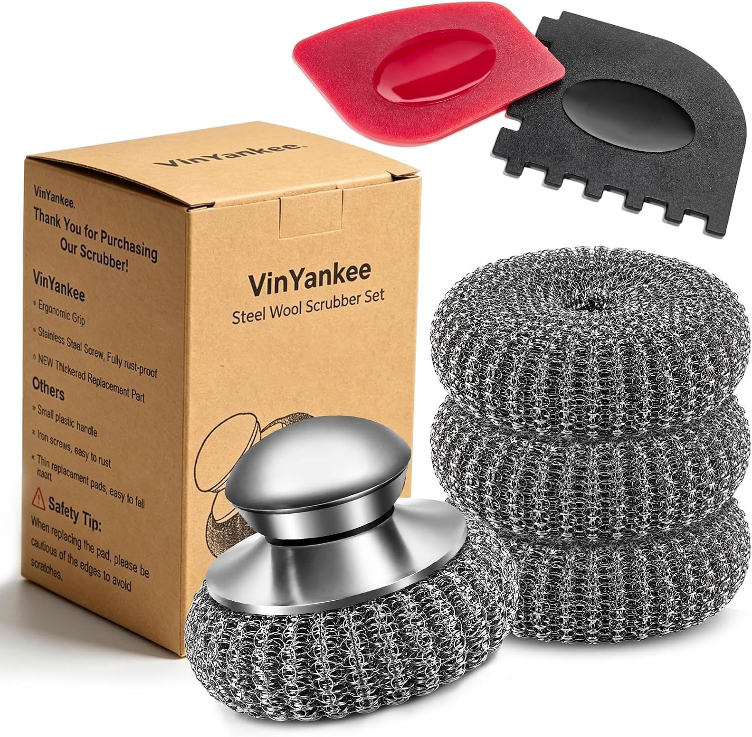 Steel Wool Scrubber with Handle, 6PCS Stainless Steel Scrubber with Pan Scraper, Wire Sponge Pads for Scouring Messes from Cast Iron, Dish Brush for Frying pan, Pots, Pans, Grill, Stoves, Sink | Amazon (US)