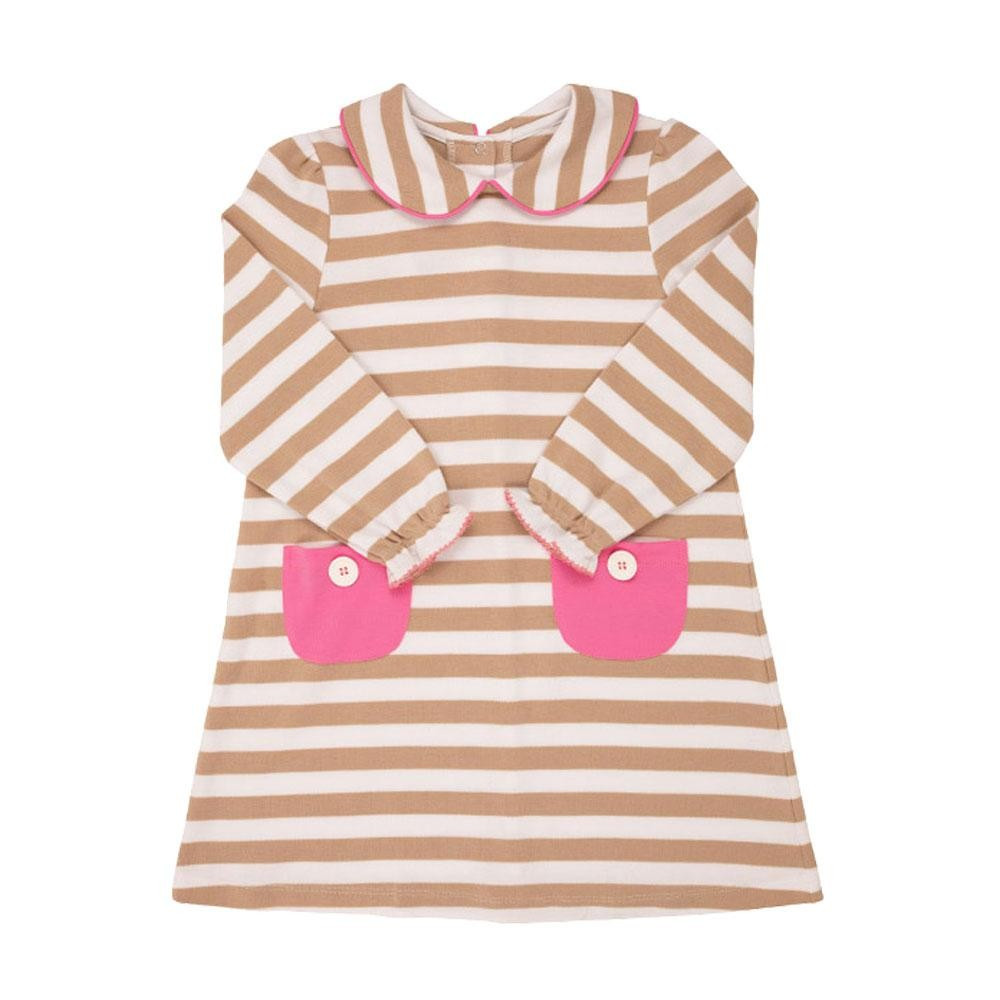 Petunia Play Dress - Keeneland Khaki Stripe with Hamptons Hot Pink | The Beaufort Bonnet Company