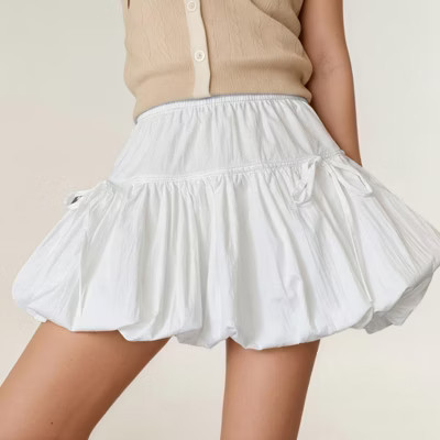 Anna-Kaci Women's Bubble Hem Mini Skirt with Elastic Waist and Bow Details - Small, White | Target