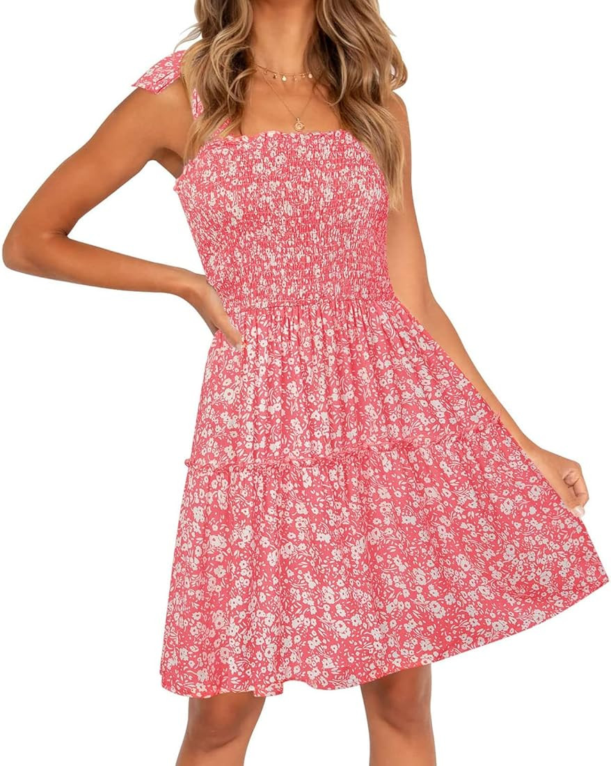 ZESICA Women's 2023 Summer Boho Floral Printed Spaghetti Strap Square Neck Ruffle A Line Swing Be... | Amazon (US)