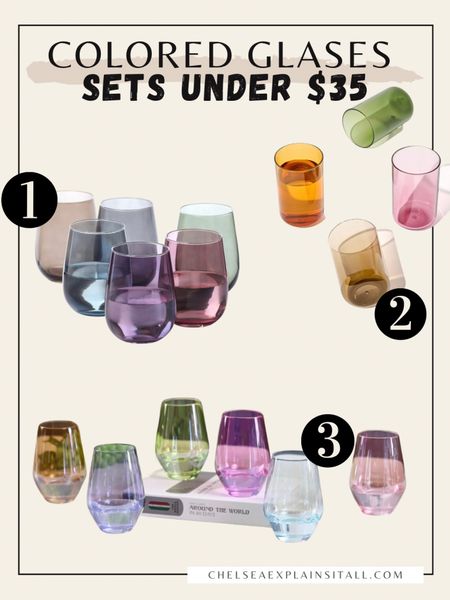 Ive been obsessed with the multi colored glass stemware I’ve been seeing and I wanted colored drinking glasses too! Some are technically stemless wine glasses but can be used however you’d prefer! How stunning are these sets? All from amazon! 

Glasses, drink ware, drinking glass, dining set, dining room decor, wine glasses, colored glass cup 

#LTKfindsunder50 #LTKsalealert #LTKhome