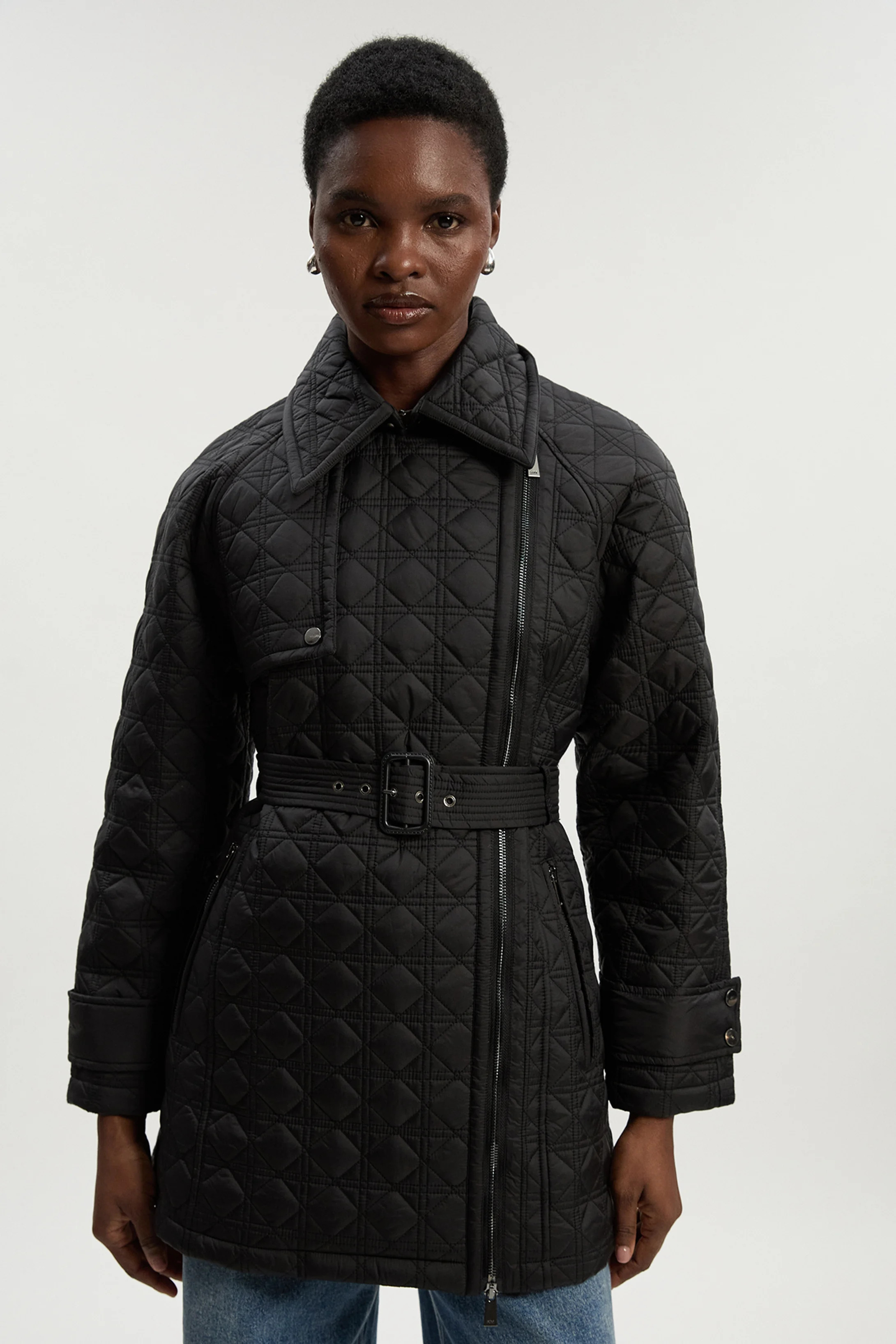 Diamond Quilted Belted Short Puffer Trench Jacket | Karen Millen UK + IE + DE + NL