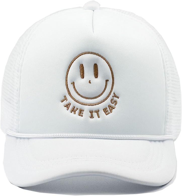GNAHZNUXNAIX Mesh Foam Hat Take It Easy Smile Face Trucker Cap Hat White Embroidered Adjustable f... | Amazon (US)