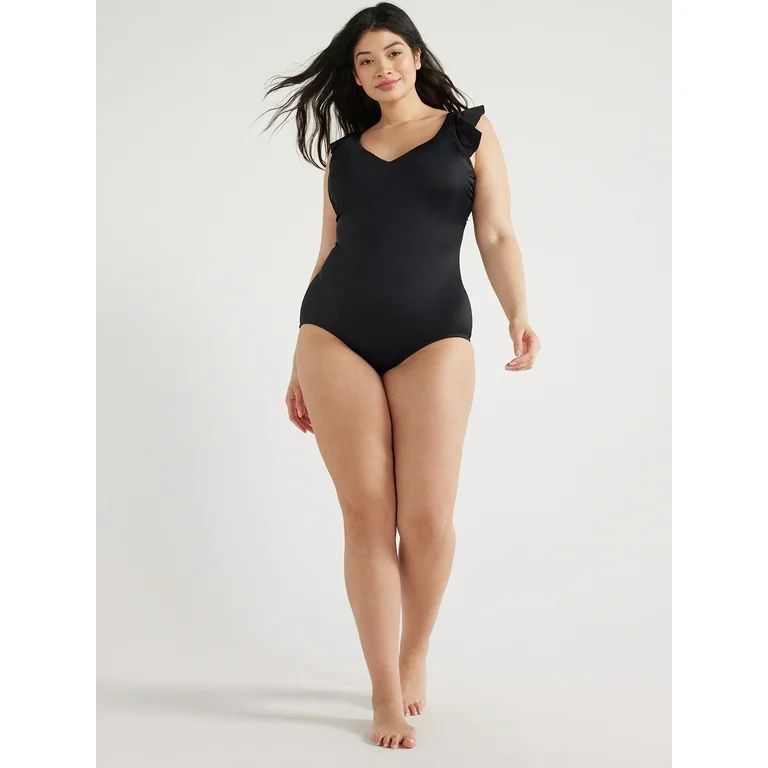 Time and Tru Women's and Plus Solid Ruffle Sleeve One Piece Swimsuit, Sizes XS-3X | Walmart (US)