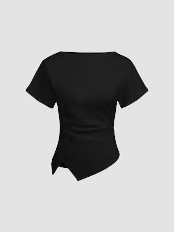 Tricot Cotton-blend Boat Neck Ruched Asymmetrical Hem Tee For Décontracté quotidien | Cider