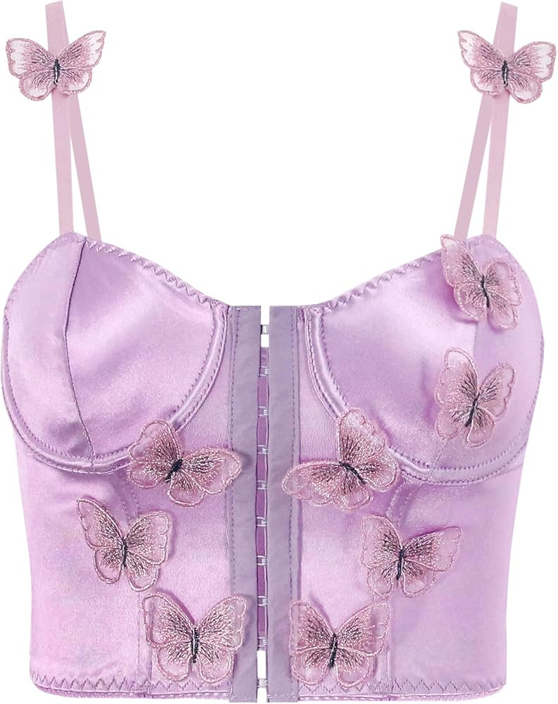 Testudineus Women Chic Floral Embroidered Corset Top Spaghetti Strap Sheer Mesh Push Up Bustier B... | Amazon (US)