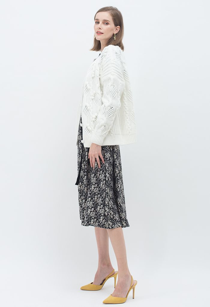 Pom-Pom Braid Hollow Out Knit Cardigan in White | Chicwish