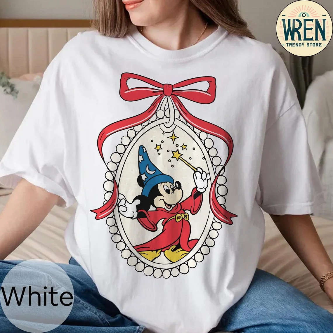 Retro Coquette Bow Disney Fantasia Movie Shirt, Fantasia Sorcerer Mickey Shirt,White Color,Size M | Walmart (US)