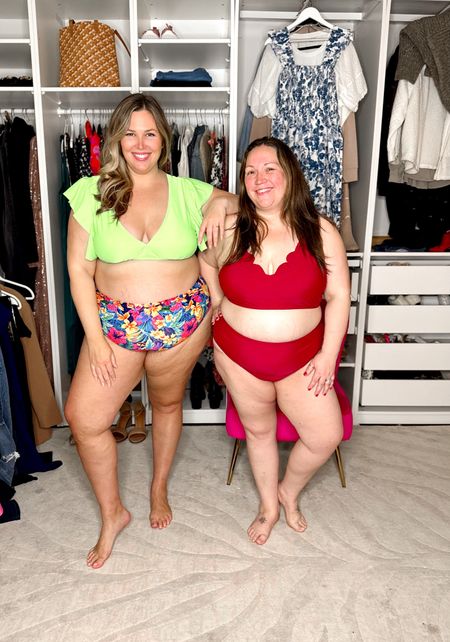 Amazon Plus Size Swimsuit! Jess and Ash both love these suits! Ashley sized up to a 3X in the neon green and floral suit and Jess is wearing an XXL in the red scalloped bikini. 

#LTKswim #LTKSeasonal #LTKcurves
