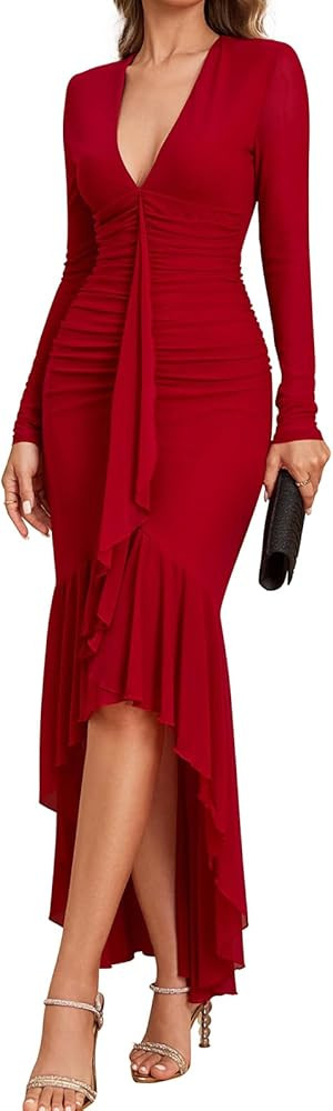 GLNEGE Long Sleeve Fall Wedding Guest Formal Dresses V Neck Ruffles Ruched Cocktail Bodycon Midi ... | Amazon (US)