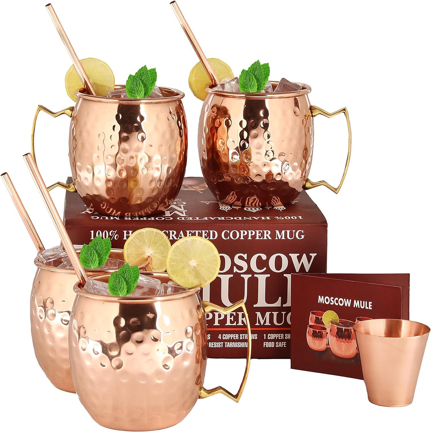 [Gift Set] Moscow Mule Copper Mugs - Set of 4-100% HANDCRAFTED Pure Solid Copper Mugs - 16 oz Pre... | Amazon (US)
