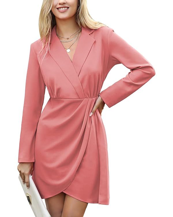 EXLURA Women's 2024 Long Sleeve Wrap V Neck Bodycon Formal Work Dress Ruched Cocktail Mini Dress ... | Amazon (US)