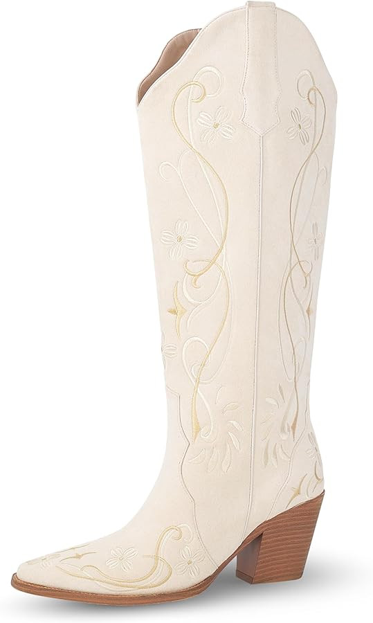 Handcrafted Embroidered Cowboy Boots for Women, Suede Knee High Boots Women with Pointed Toe Chun... | Amazon (US)