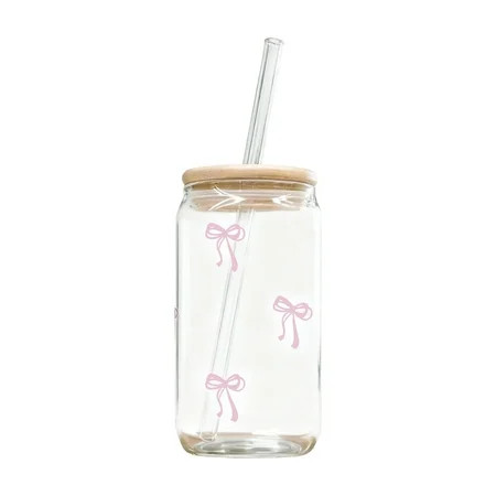 Cute Pink Bow Glass Cups with Lids and Straws,16 oz Aesthetic Iced Coffee Cup,Design Tumbler Mug for Women Girlfriends Christmas Gifts | Walmart (US)
